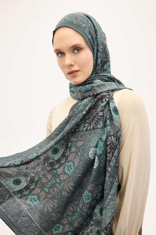 Urban Hours Floral Motif Desen Patina Yeşili Mayda Şal 190x70 - Mayda Şal - | Silk Home