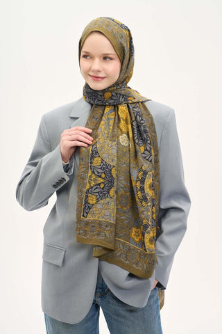 Urban Hours Floral Motif Desen Olive Mayda Şal 190x70 - Mayda Şal - | Silk Home