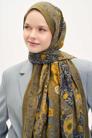 Urban Hours Floral Motif Desen Olive Mayda Şal 190x70 - Mayda Şal - | Silk Home
