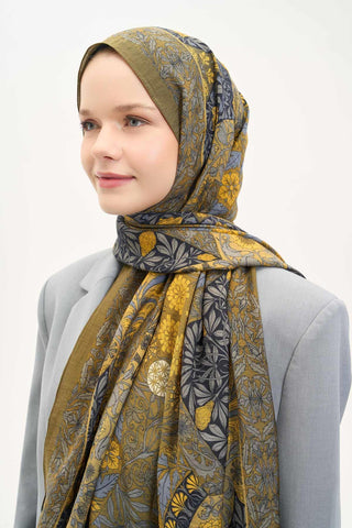 Urban Hours Floral Motif Desen Olive Mayda Şal 190x70 - Mayda Şal - | Silk Home