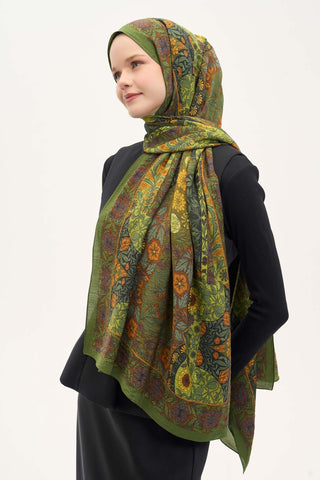 Urban Hours Floral Motif Desen Yeşil Mayda Şal 190x70 - Mayda Şal - | Silk Home