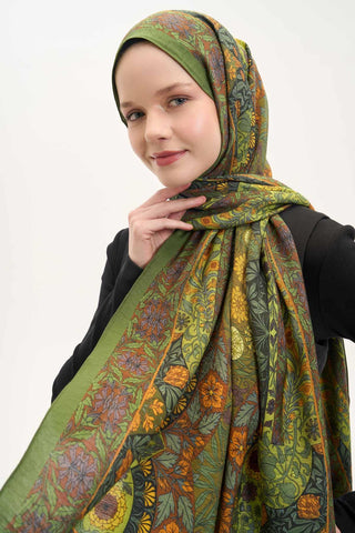 Urban Hours Floral Motif Desen Yeşil Mayda Şal 190x70 - Mayda Şal - | Silk Home