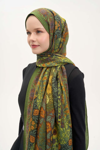 Urban Hours Floral Motif Desen Yeşil Mayda Şal 190x70 - Mayda Şal - | Silk Home