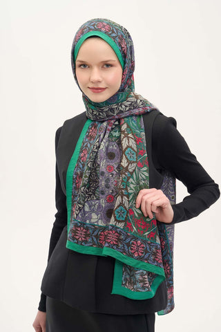 Urban Hours Floral Motif Desen Patina Yeşili Mayda Şal 190x70 - Mayda Şal - | Silk Home
