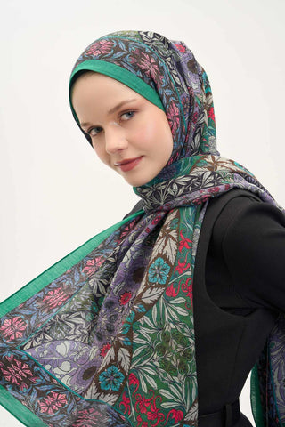 Urban Hours Floral Motif Desen Patina Yeşili Mayda Şal 190x70 - Mayda Şal - | Silk Home