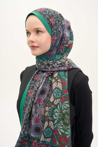 Urban Hours Floral Motif Desen Patina Yeşili Mayda Şal 190x70 - Mayda Şal - | Silk Home