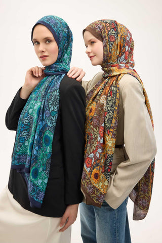 Urban Hours Floral Motif Desen Gece Mavisi Mayda Şal 190x70 - Mayda Şal - | Silk Home