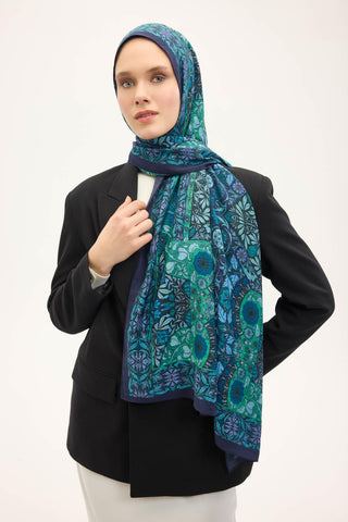 Urban Hours Floral Motif Desen Gece Mavisi Mayda Şal 190x70 - Mayda Şal - | Silk Home