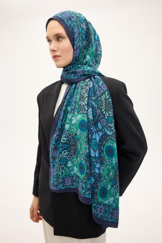 Urban Hours Floral Motif Desen Gece Mavisi Mayda Şal 190x70 - Mayda Şal - | Silk Home