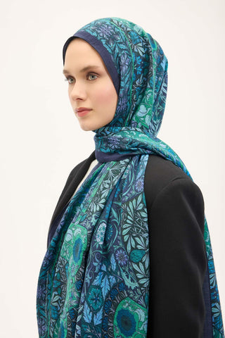 Urban Hours Floral Motif Desen Gece Mavisi Mayda Şal 190x70 - Mayda Şal - | Silk Home