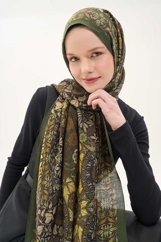 Urban Hours Floral Motif Desen Asker Yeşili Mayda Şal 190x70 - Mayda Şal - | Silk Home