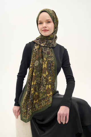 Urban Hours Floral Motif Desen Asker Yeşili Mayda Şal 190x70 - Mayda Şal - | Silk Home