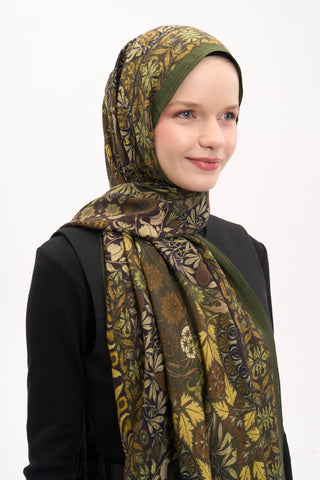 Urban Hours Floral Motif Desen Asker Yeşili Mayda Şal 190x70 - Mayda Şal - | Silk Home