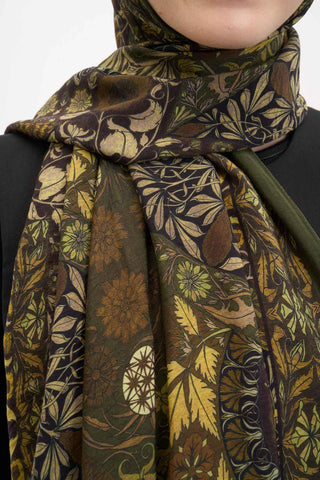 Urban Hours Floral Motif Desen Asker Yeşili Mayda Şal 190x70 - Mayda Şal - | Silk Home