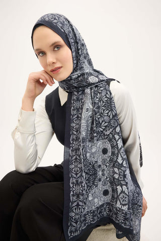 Urban Hours Floral Motif Desen Koyu Lacivert Mayda Şal 190x70 - Mayda Şal - | Silk Home