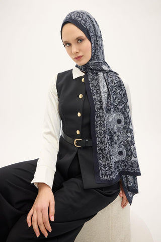 Urban Hours Floral Motif Desen Koyu Lacivert Mayda Şal 190x70 - Mayda Şal - | Silk Home