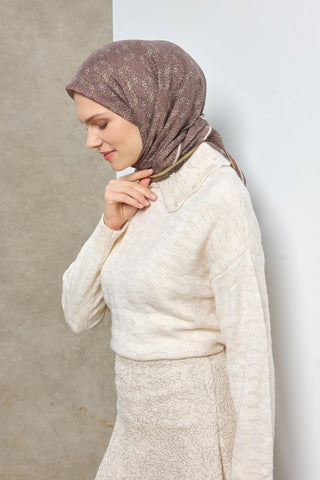 Tencel Monare Eşarp Geometrik Motif Desen Koyu Vizon 90X90 - Monare Eşarp - | Silk Home