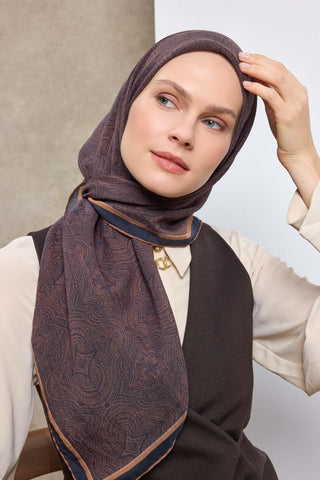Viscose Velora Scarf, Four Seasons, Baroque Floral Pattern, Espresso, 90x90 cm 