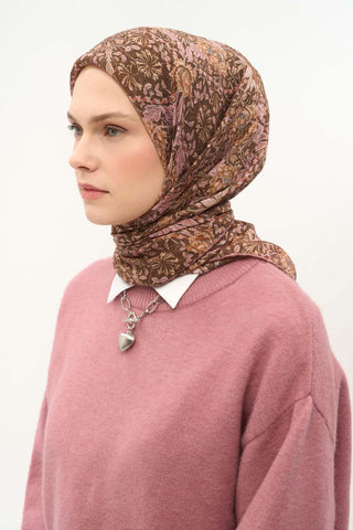 Viscose Velora Scarf, Four Seasons, Baroque Floral Pattern, Espresso, 90x90 cm 