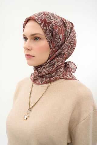 Viscose Velora Scarf, Four Seasons, Baroque Floral Pattern, Espresso, 90x90 cm 