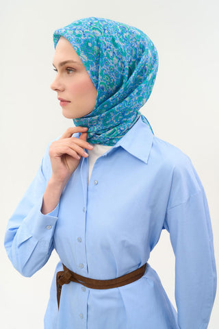 Tencel Monare Eşarp Saray Baharı Desen Mavi 90X90