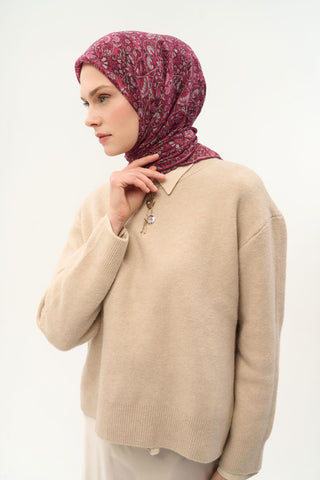 Tencel Monare Eşarp Saray Baharı Desen Vişne Çürüğü 90X90 - Monare Eşarp - | Silk Home