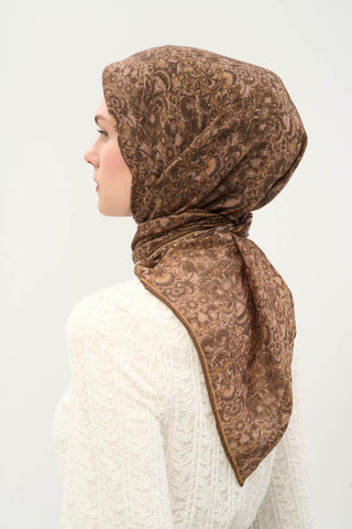 Viscose Velora Scarf, Four Seasons, Baroque Floral Pattern, Espresso, 90x90 cm 