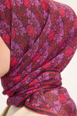Viscose Velora Scarf, Four Seasons, Baroque Floral Pattern, Espresso, 90x90 cm 