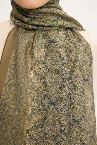 Tencel Monare Şal Yağ Yeşili Etnik Desen 75x195