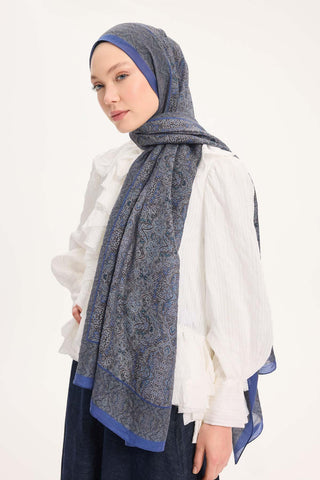 Tencel Monare Şal Koyu Mavi Etnik Desen 75x195 - Monare Şal - | Silk Home