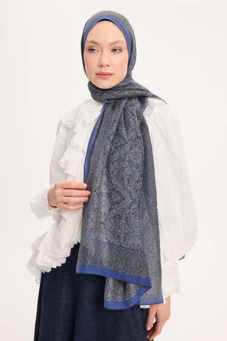 Tencel Monare Şal Koyu Mavi Etnik Desen 75x195 - Monare Şal - | Silk Home
