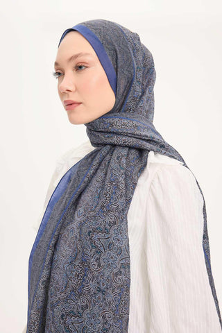 Tencel Monare Şal Koyu Mavi Etnik Desen 75x195 - Monare Şal - | Silk Home