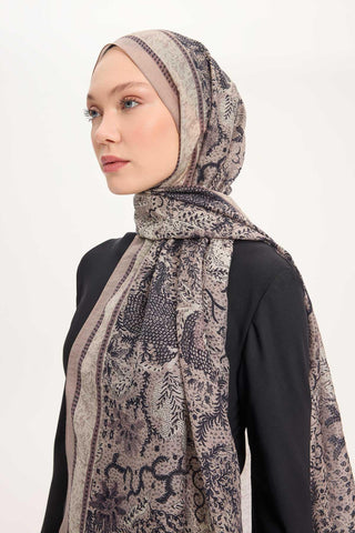 Tencel Monare Şal Vizon Vintage Botanik Desen 75x195