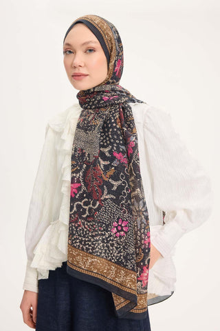 Viscose Velora Scarf, Four Seasons, Baroque Floral Pattern, Espresso, 90x90 cm 