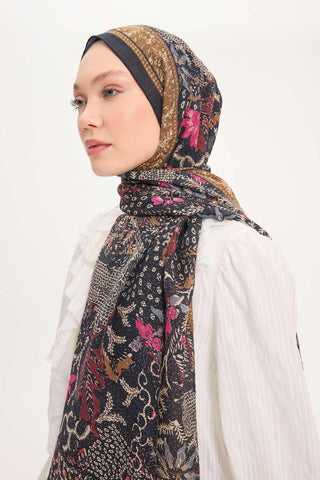 Tencel Monare Şal Koyu Lacivert Vintage Botanik Desen 75x195