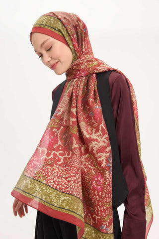 Tencel Monare Şal Kiremit Kırmızı Vintage Botanik Desen 75x195 - Monare Şal - | Silk Home