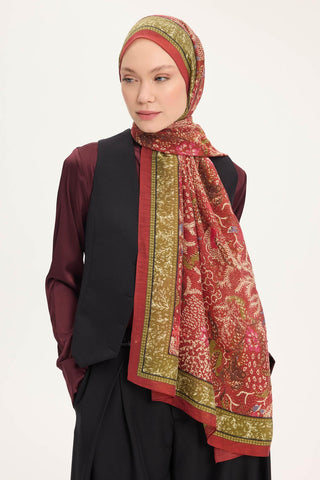 Tencel Monare Şal Kiremit Kırmızı Vintage Botanik Desen 75x195 - Monare Şal - | Silk Home