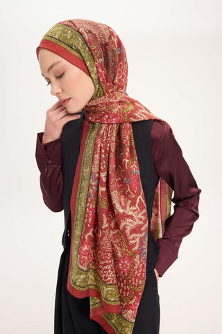 Tencel Monare Şal Kiremit Kırmızı Vintage Botanik Desen 75x195 - Monare Şal - | Silk Home