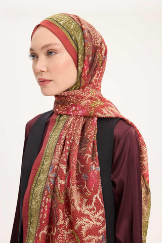 Tencel Monare Şal Kiremit Kırmızı Vintage Botanik Desen 75x195 - Monare Şal - | Silk Home