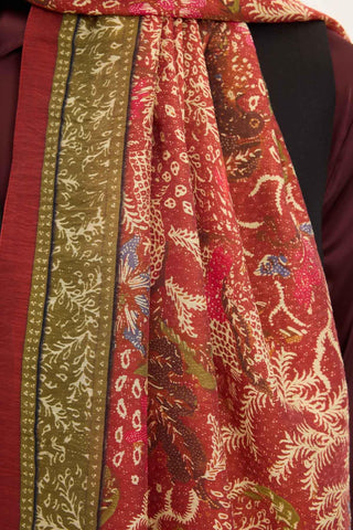 Tencel Monare Şal Kiremit Kırmızı Vintage Botanik Desen 75x195 - Monare Şal - | Silk Home
