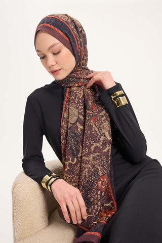 Tencel Monare Şal Kahve Bordo Vintage Botanik Desen 75x195 - Monare Şal - | Silk Home