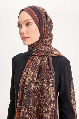 Tencel Monare Şal Kahve Bordo Vintage Botanik Desen 75x195 - Monare Şal - | Silk Home
