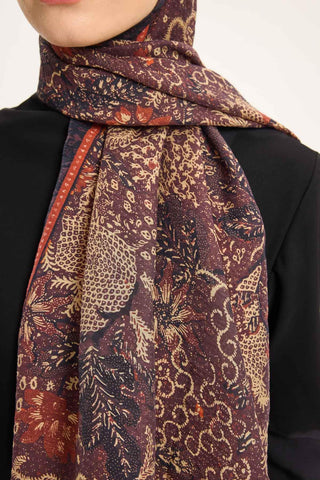 Tencel Monare Şal Kahve Bordo Vintage Botanik Desen 75x195 - Monare Şal - | Silk Home