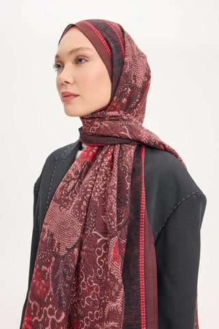 Tencel Monare Şal Bordo Vintage Botanik Desen 75x195 - Monare Şal - | Silk Home