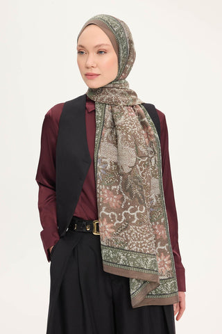 Tencel Monare Şal Koyu Vizon Vintage Botanik Desen 75x195