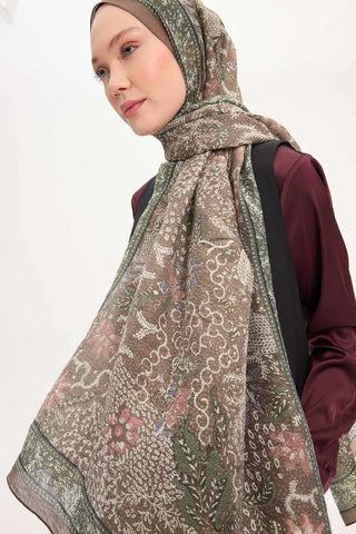 Tencel Monare Şal Koyu Vizon Vintage Botanik Desen 75x195