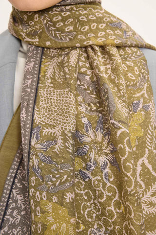 Tencel Monare Şal Yağ Yeşili Vintage Botanik Desen 75x195