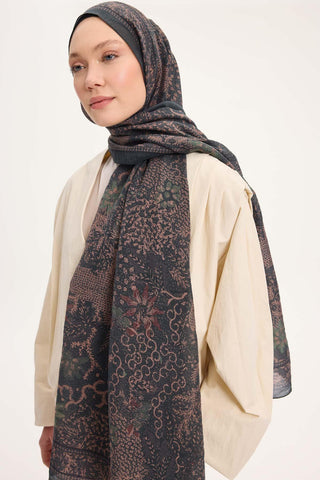 Tencel Monare Şal Petrol Yeşili Vintage Botanik Desen 75x195