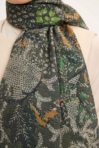 Tencel Monare Şal Yeşil Vintage Botanik Desen 75x195