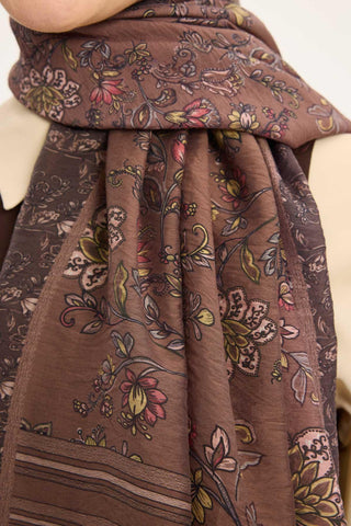 Tencel Monare Şal Acı Kahve Çiçek Desen 75x195 - Monare Şal - | Silk Home